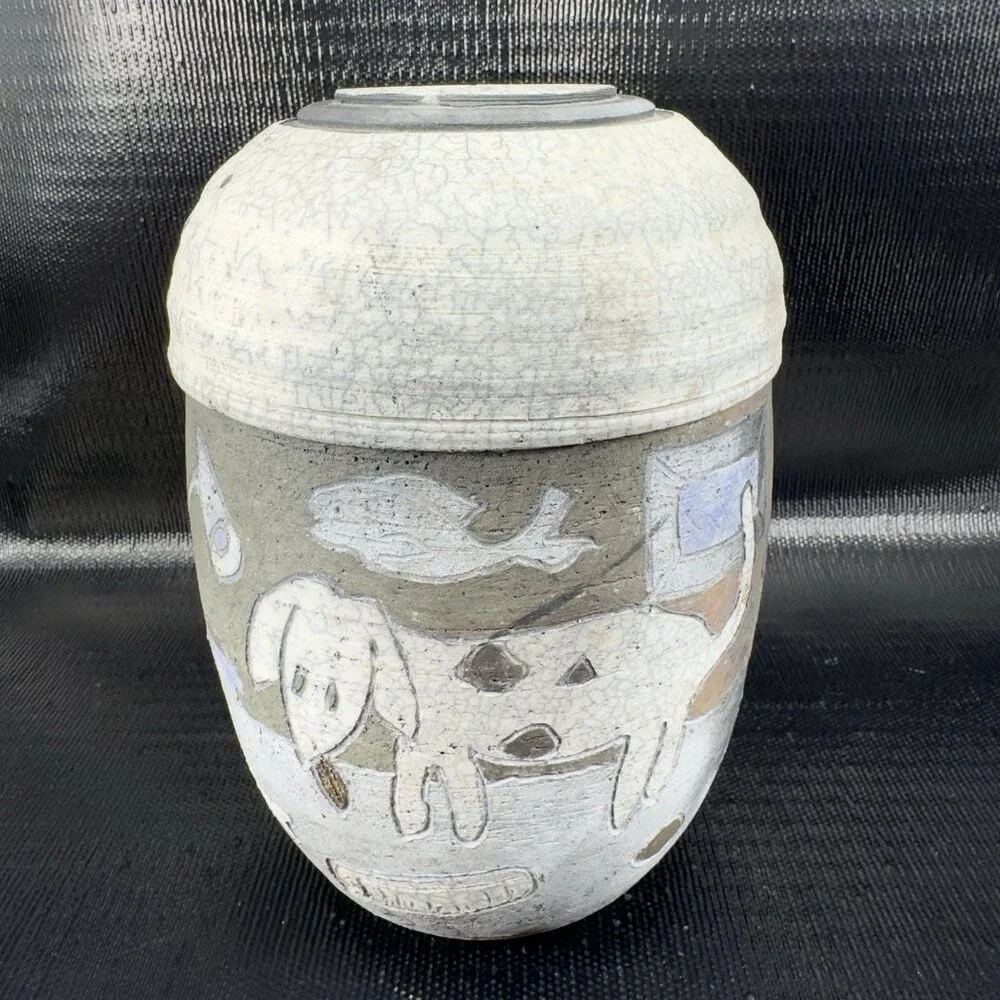 Vintage Hand Made Raku Pottery Large Vase Vessel Dog‎ Fish Couch Signed READ